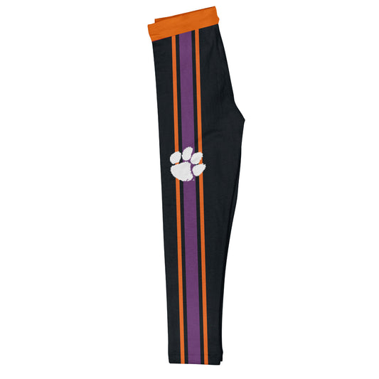Clemson Tigers Orange Waist Purple And Orange Stripes Black Leggings