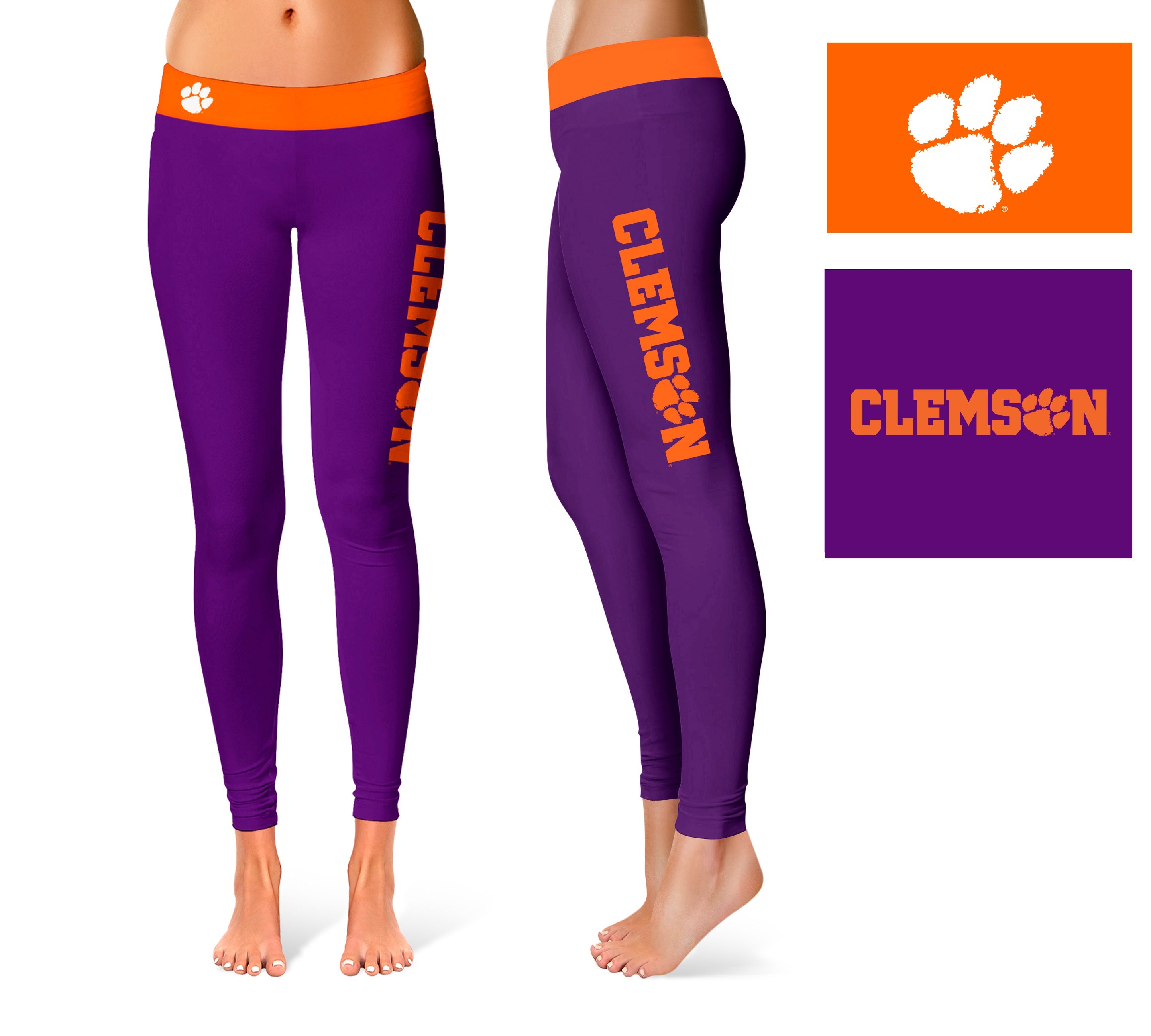 Clemson Tigers Game Day Logo on Thigh Purple Yoga Leggings for Women by Vive La Fete