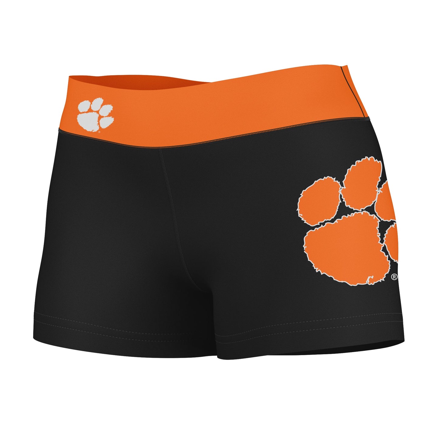 Clemson Tigers Vive La Fete Logo on Thigh & Waistband Black & Orange Women Yoga Booty Workout Shorts 3.75 Inseam