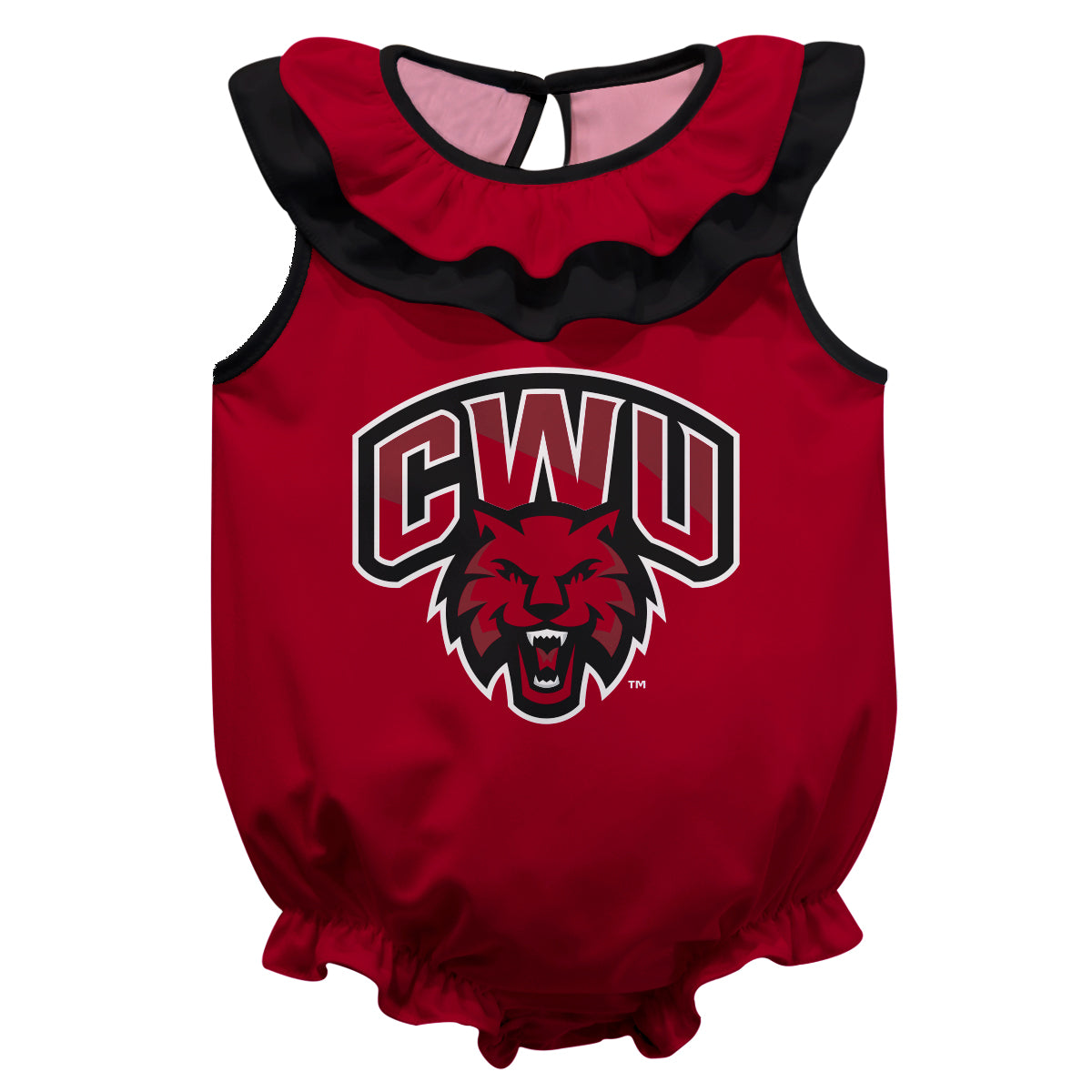 Central Washington Wildcats Red Sleeveless Ruffle One Piece Jumpsuit Logo Bodysuit by Vive La Fete