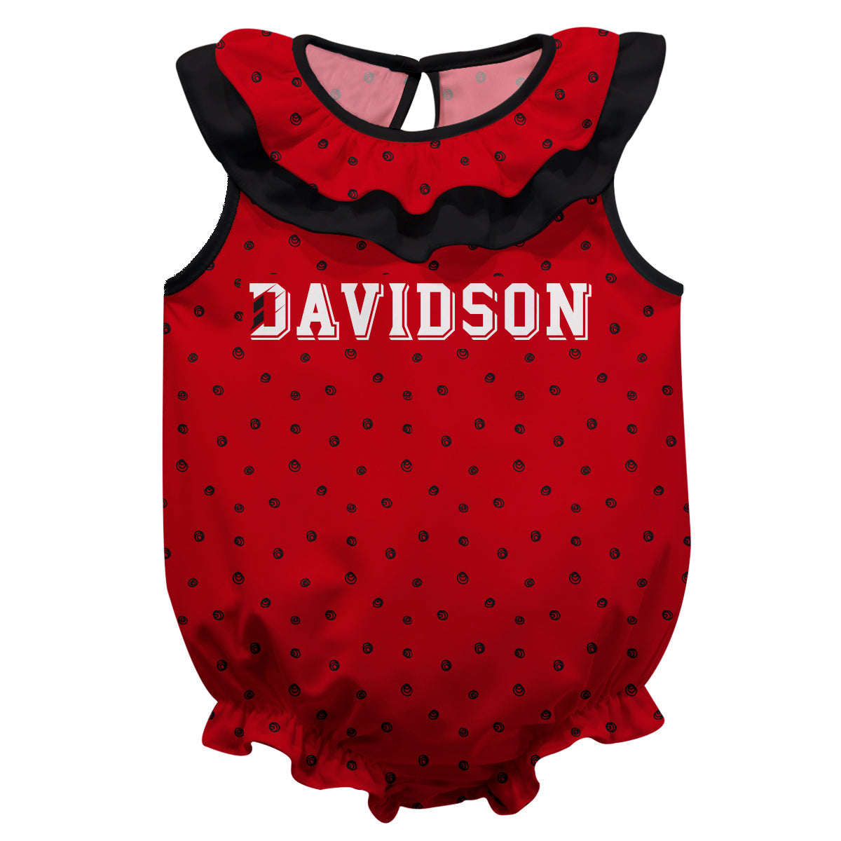 Davidson College Wildcats Swirls Red Sleeveless Ruffle One Piece Jumpsuit Logo Bodysuit by Vive La Fete