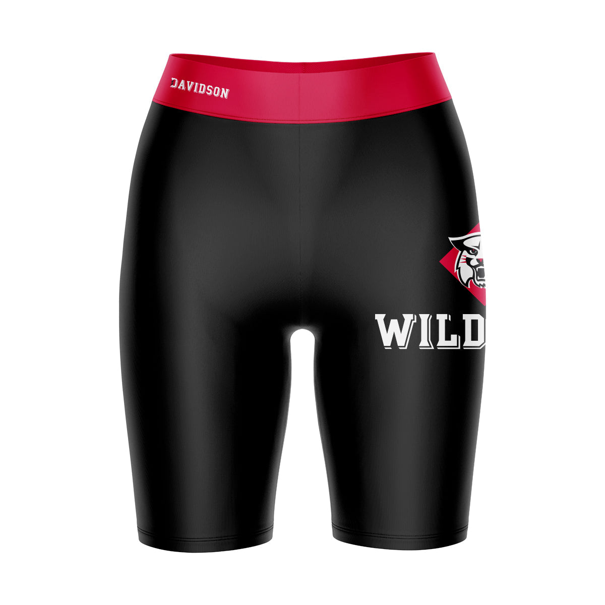 Davidson College Wildcats Vive La Fete Game Day Logo on Thigh & Waistband Black and Red Women Bike Short 9 Inseam