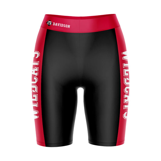 Davidson College Wildcats Vive La Fete Game Day Logo on Waistband and Red Stripes Black Women Bike Short 9 Inseam