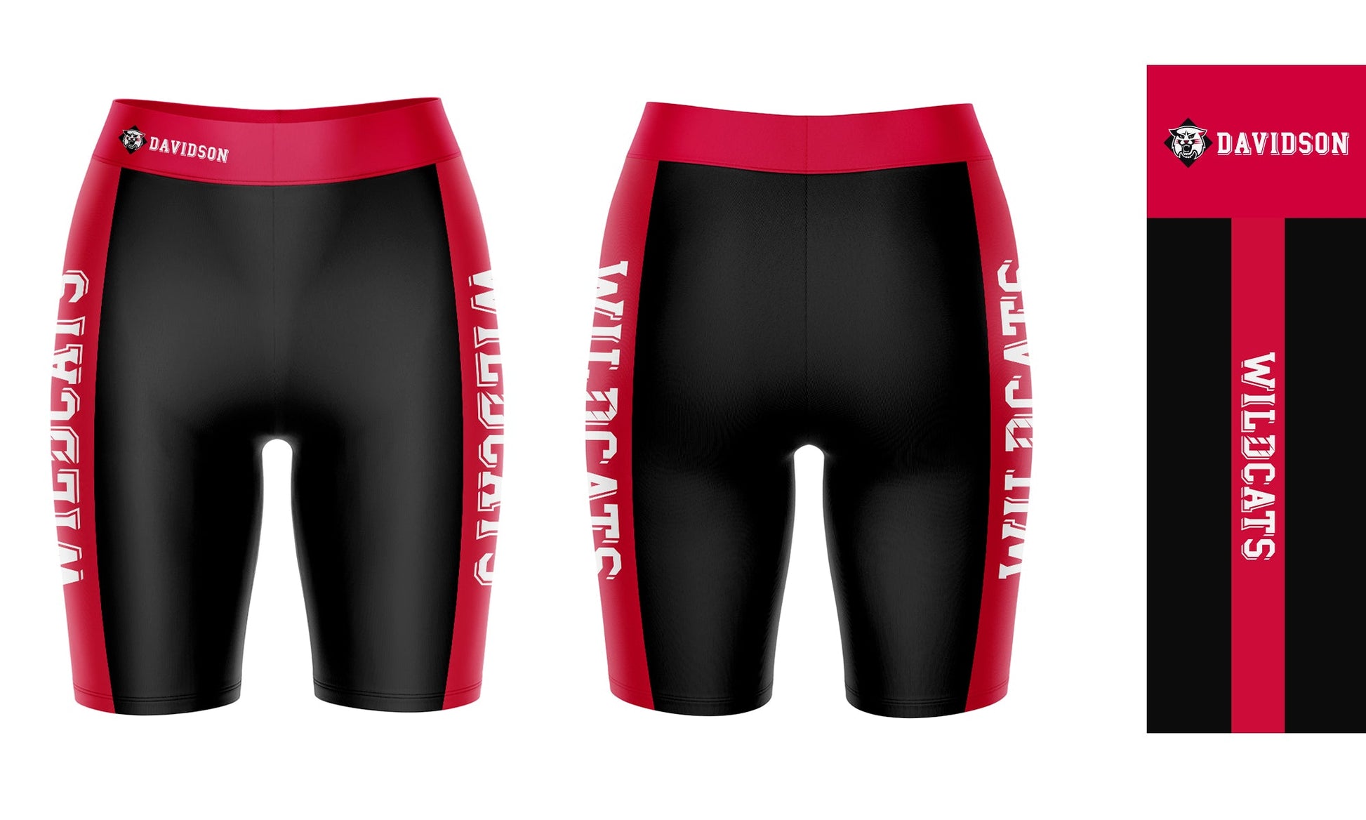 Davidson College Wildcats Vive La Fete Game Day Logo on Waistband and Red Stripes Black Women Bike Short 9 Inseam