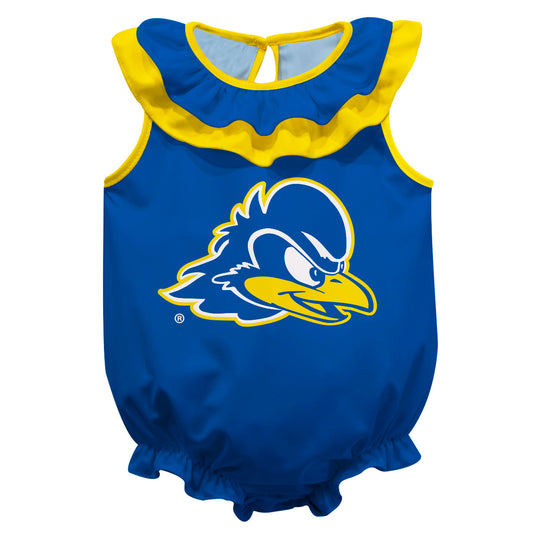 Delaware Blue Hens Blue Sleeveless Ruffle One Piece Jumpsuit Logo Bodysuit by Vive La Fete