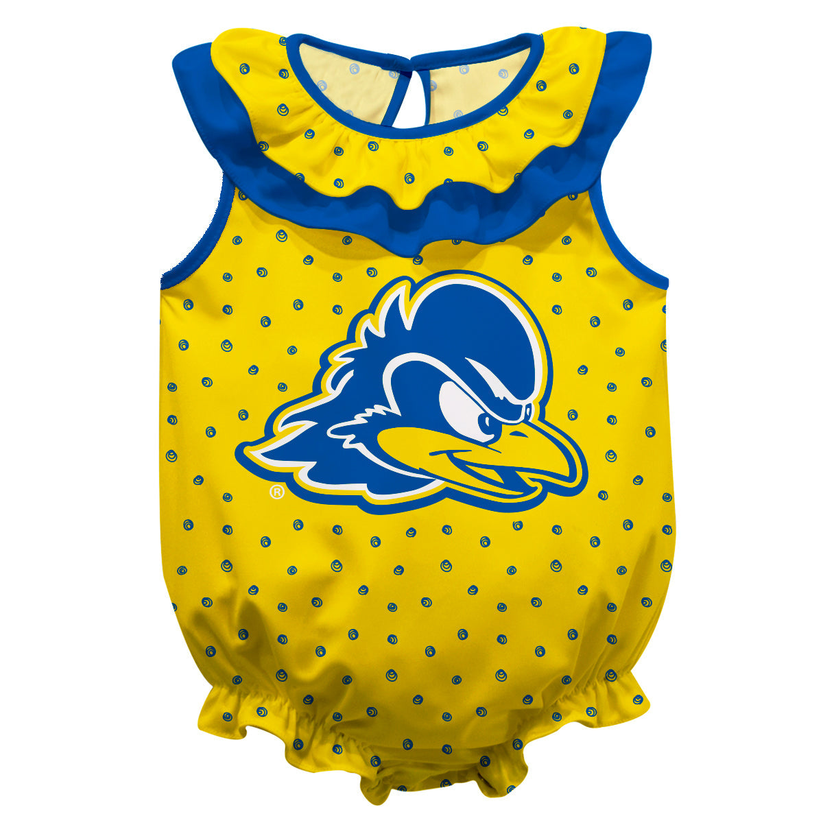 Delaware Blue Hens Swirls Gold Sleeveless Ruffle One Piece Jumpsuit Logo Bodysuit by Vive La Fete