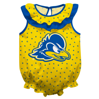 Delaware Blue Hens Swirls Gold Sleeveless Ruffle One Piece Jumpsuit Logo Bodysuit by Vive La Fete