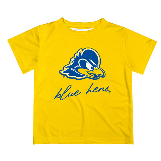 Delaware Blue Hens Vive La Fete Script V1 Yellow Short Sleeve Tee Shirt