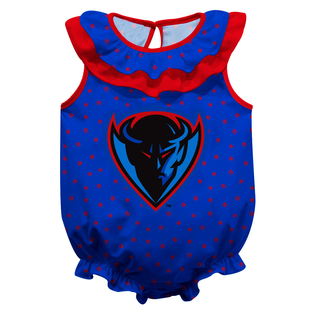 Depaul Blue Demons Swirls Blue Sleeveless Ruffle One Piece Jumpsuit Logo Bodysuit by Vive La Fete