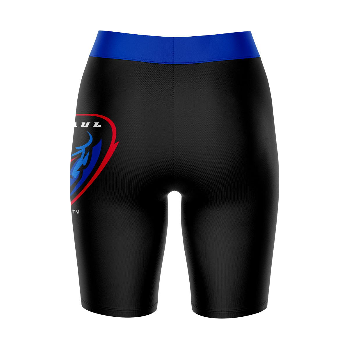 Depaul Blue Demons Vive La Fete Game Day Logo on Thigh and Waistband Black and Blue Women Bike Short 9 Inseam"