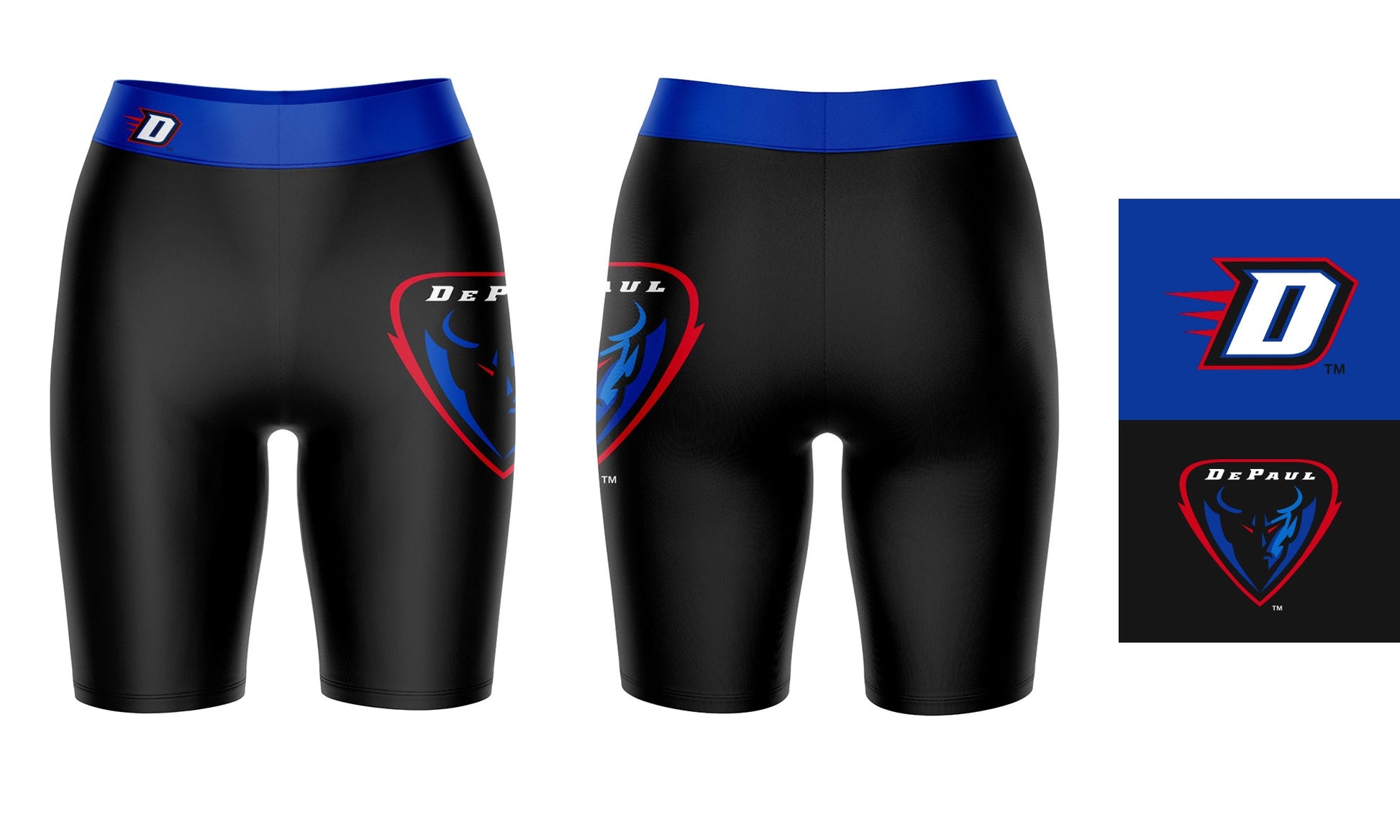 Depaul Blue Demons Vive La Fete Game Day Logo on Thigh and Waistband Black and Blue Women Bike Short 9 Inseam"