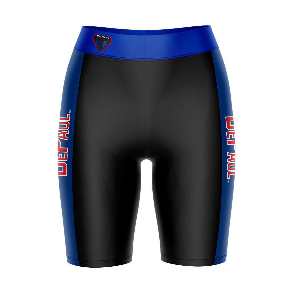 Depaul Blue Demons Vive La Fete Game Day Logo on Waistband and Blue Stripes Black Women Bike Short 9 Inseam"