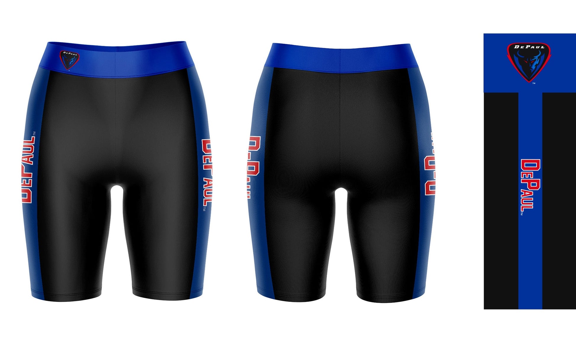 Depaul Blue Demons Vive La Fete Game Day Logo on Waistband and Blue Stripes Black Women Bike Short 9 Inseam"