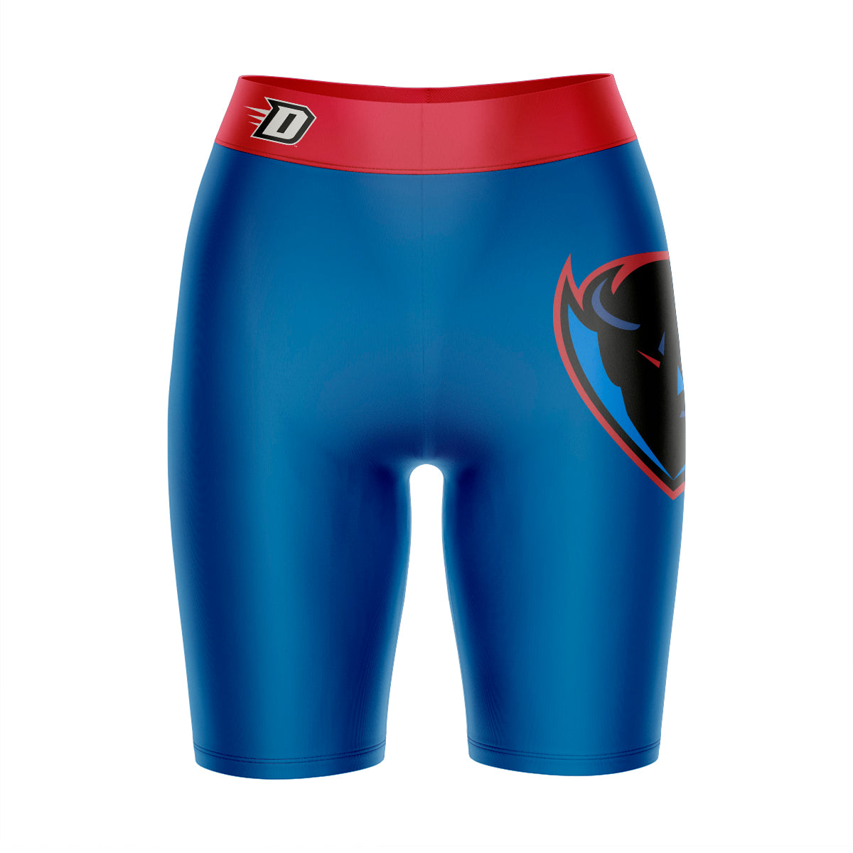 Depaul Blue Demons Vive La Fete Game Day Logo on Thigh and Waistband Blue and Red Women Bike Short 9 Inseam