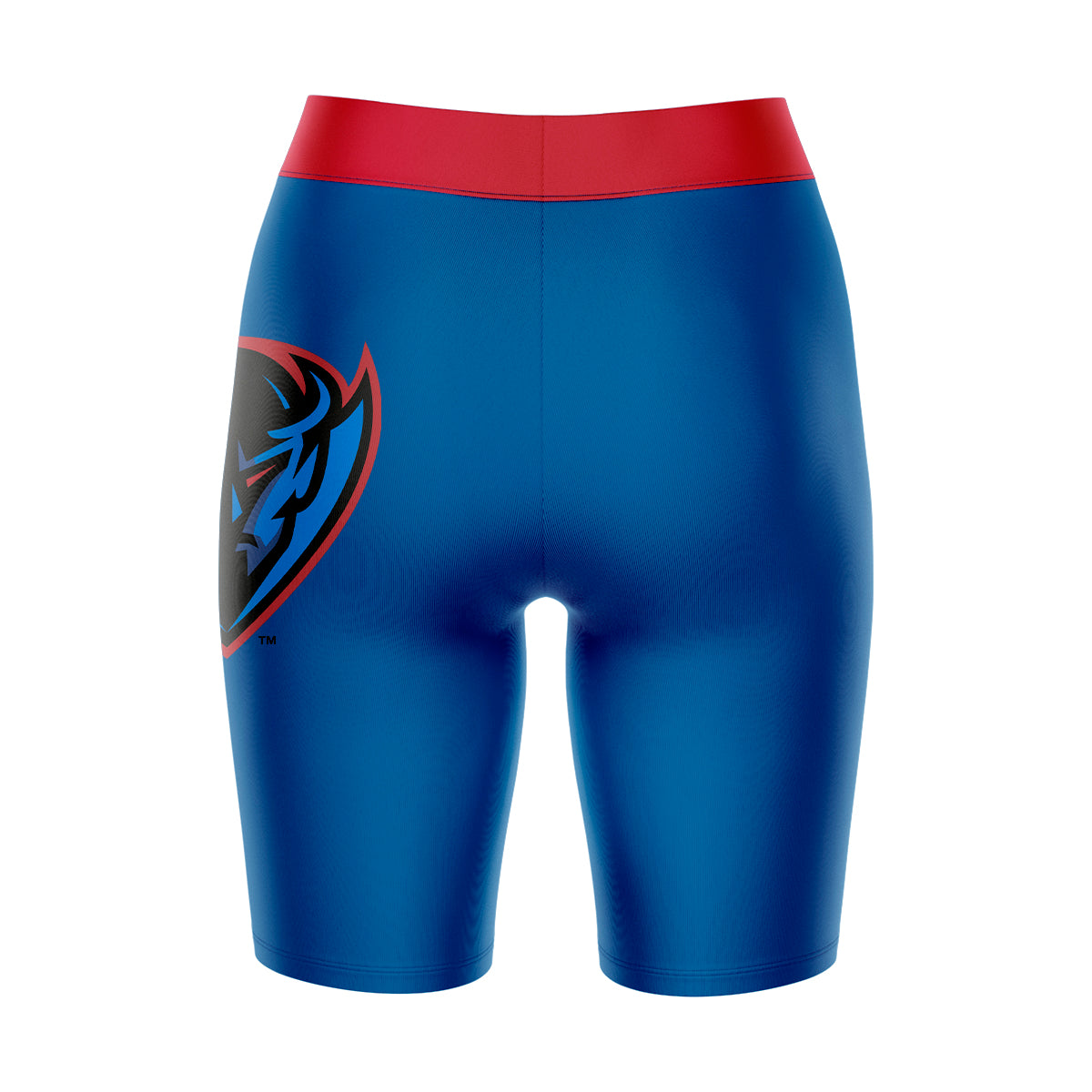 Depaul Blue Demons Vive La Fete Game Day Logo on Thigh and Waistband Blue and Red Women Bike Short 9 Inseam