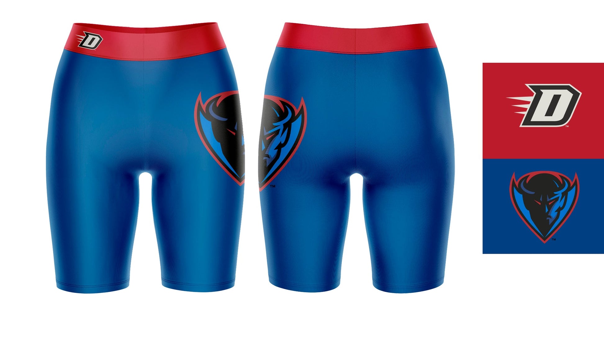 Depaul Blue Demons Vive La Fete Game Day Logo on Thigh and Waistband Blue and Red Women Bike Short 9 Inseam