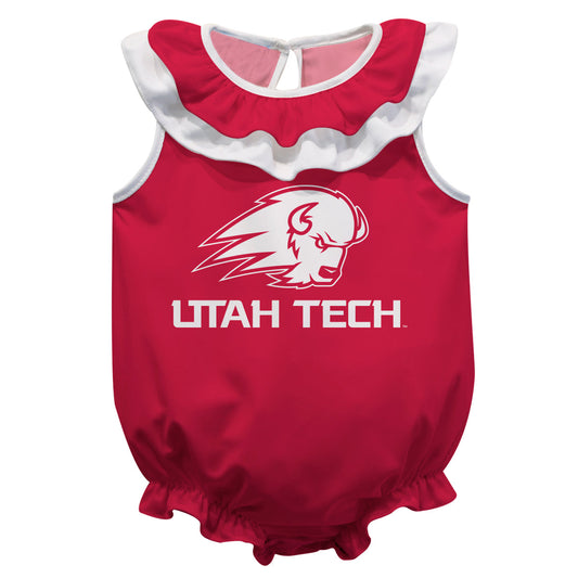 Utah Tech Trailblazers Red Sleeveless Ruffle One Piece Jumpsuit Logo Bodysuit by Vive La Fete