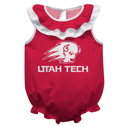 Utah Tech Trailblazers Red Sleeveless Ruffle One Piece Jumpsuit Logo Bodysuit by Vive La Fete