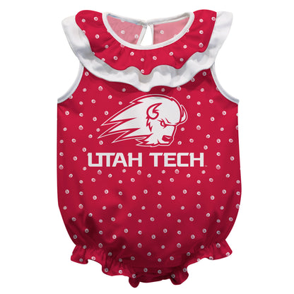 Utah Tech Trailblazers Swirls Red Sleeveless Ruffle One Piece Jumpsuit Logo Bodysuit by Vive La Fete