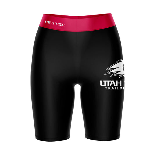 Utah Tech Trailblazers Vive La Fete Game Day Logo on Thigh and Waistband Black and Red Women Bike Short 9 Inseam