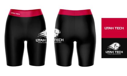 Utah Tech Trailblazers Vive La Fete Game Day Logo on Thigh and Waistband Black and Red Women Bike Short 9 Inseam