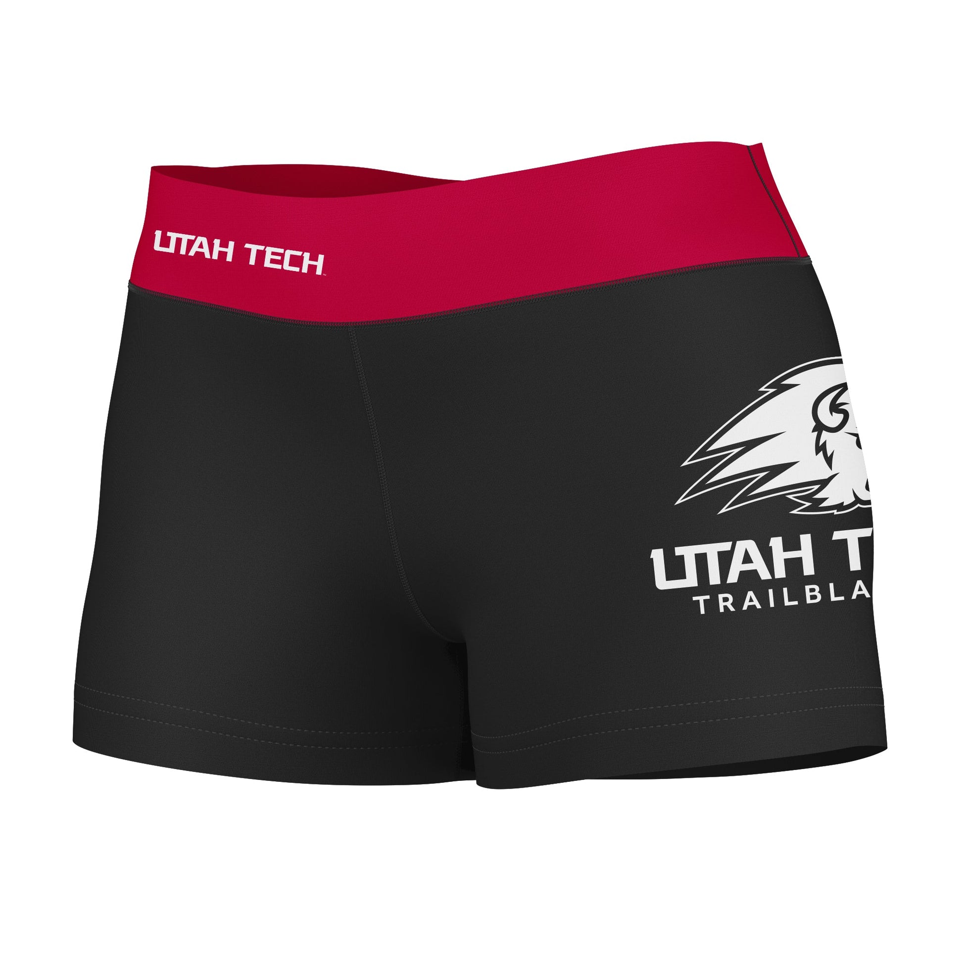 Utah Tech Trailblazers Vive La Fete Logo on Thigh & Waistband Black & Red Women Yoga Booty Workout Shorts 3.75 Inseam