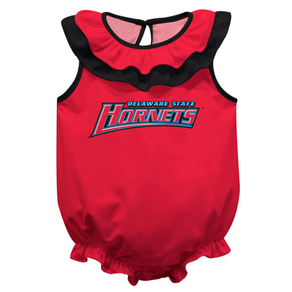 Delaware State University Hornets Red Sleeveless Ruffle One Piece Jumpsuit Logo Bodysuit by Vive La Fete