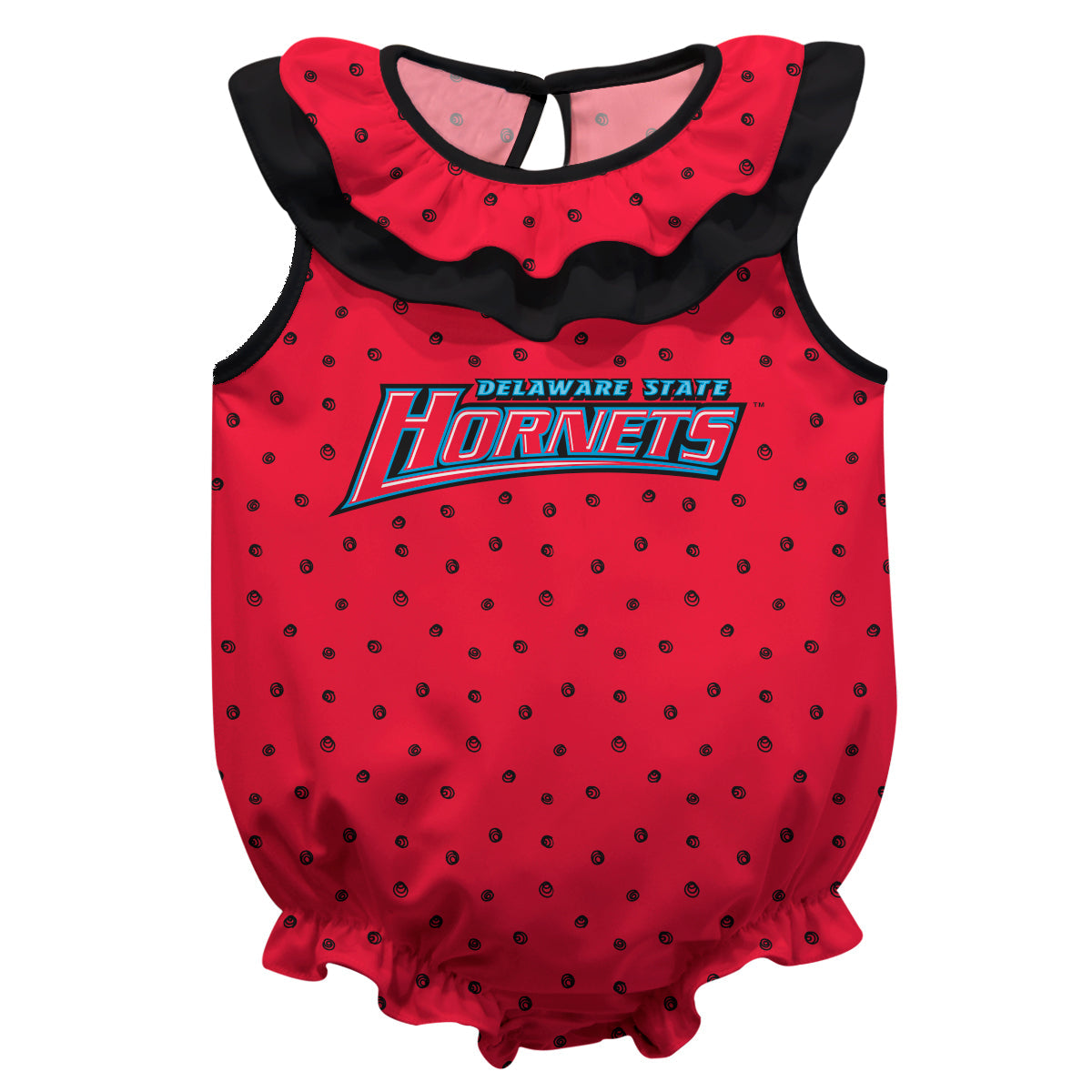 Delaware State Hornets Swirls Red Sleeveless Ruffle One Piece Jumpsuit Logo Bodysuit by Vive La Fete