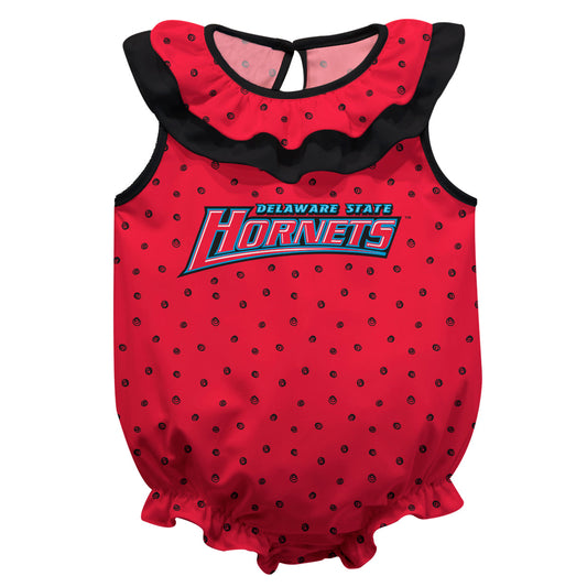 Delaware State Hornets Swirls Red Sleeveless Ruffle One Piece Jumpsuit Logo Bodysuit by Vive La Fete