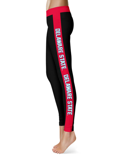Delaware State Hornets Vive La Fete Game Day Collegiate Red Stripes Women Black Yoga Leggings 2 Waist Tights