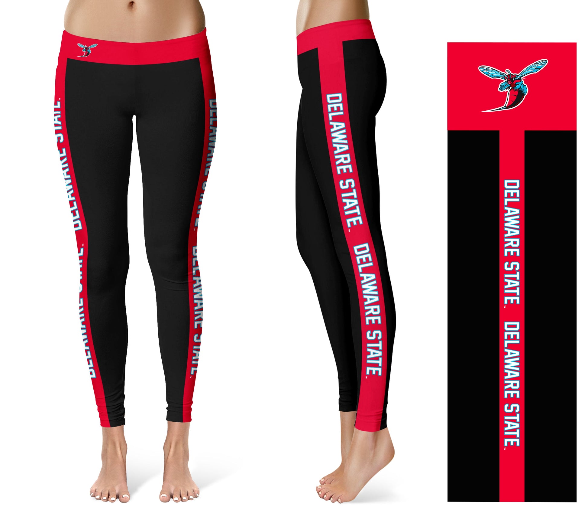 Delaware State Hornets Vive La Fete Game Day Collegiate Red Stripes Women Black Yoga Leggings 2 Waist Tights