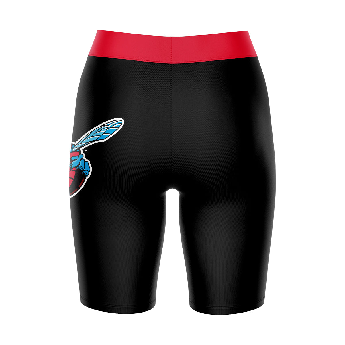 Delaware State Hornets Vive La Fete Game Day Logo on Thigh and Waistband Black and Red Women Bike Short 9 Inseam