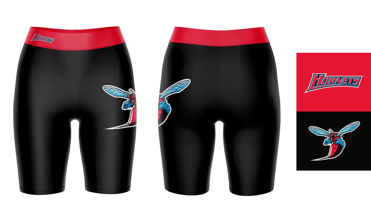 Delaware State Hornets Vive La Fete Game Day Logo on Thigh and Waistband Black and Red Women Bike Short 9 Inseam