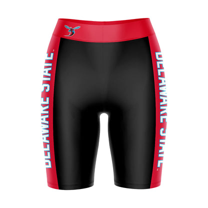 Delaware State Hornets Vive La Fete Game Day Logo on Waistband and Red Stripes Black Women Bike Short 9 Inseam