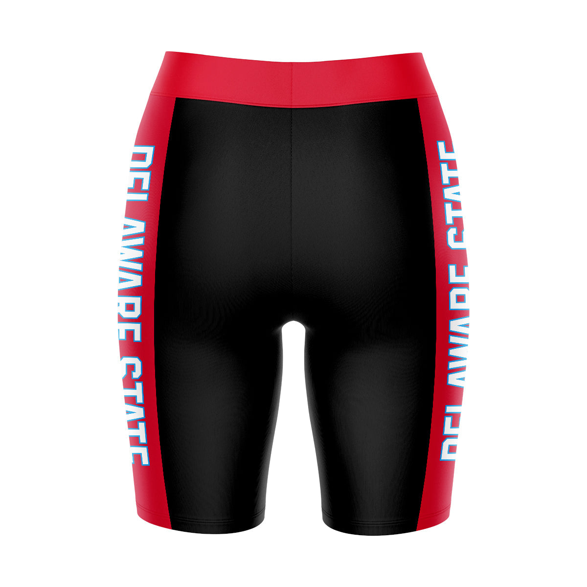 Delaware State Hornets Vive La Fete Game Day Logo on Waistband and Red Stripes Black Women Bike Short 9 Inseam