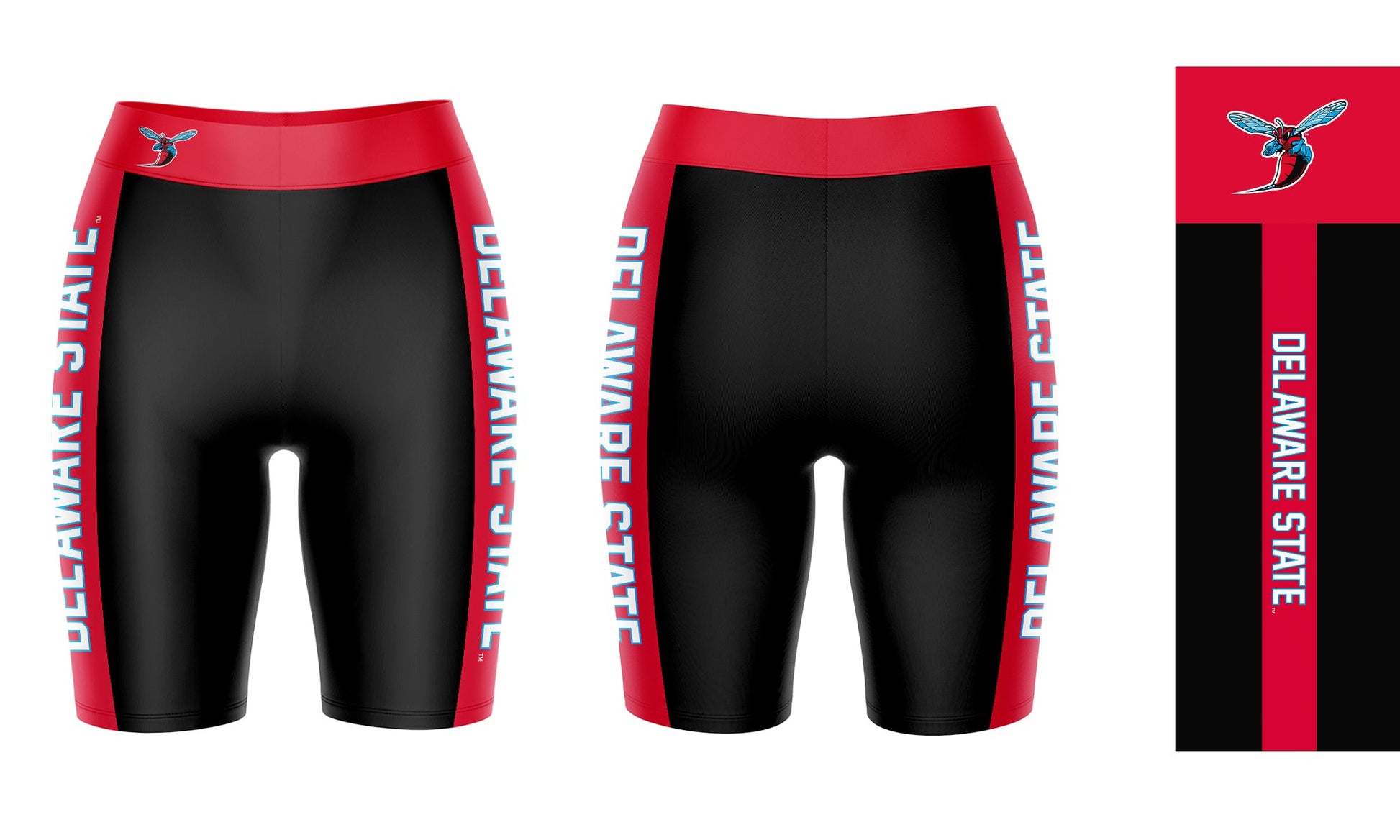 Delaware State Hornets Vive La Fete Game Day Logo on Waistband and Red Stripes Black Women Bike Short 9 Inseam