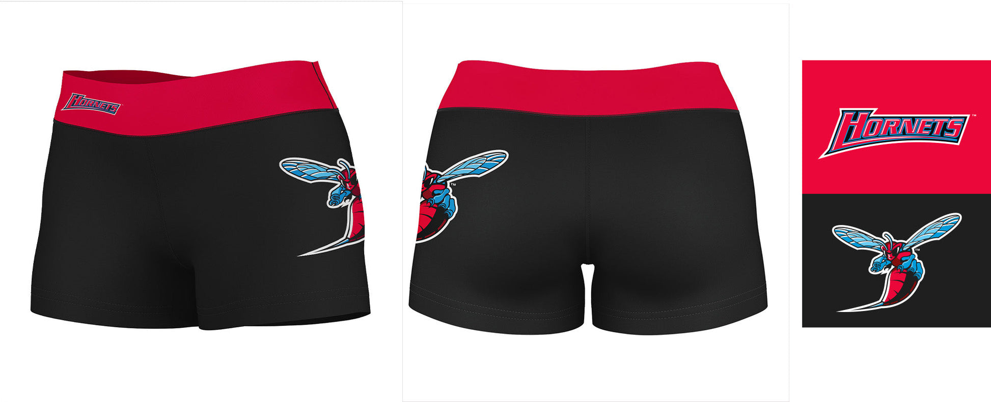 Delaware State Hornets Vive La Fete Logo on Thigh & Waistband Black & Red Women Yoga Booty Workout Shorts 3.75 Inseam - Vive La F̻te - Online Apparel Store