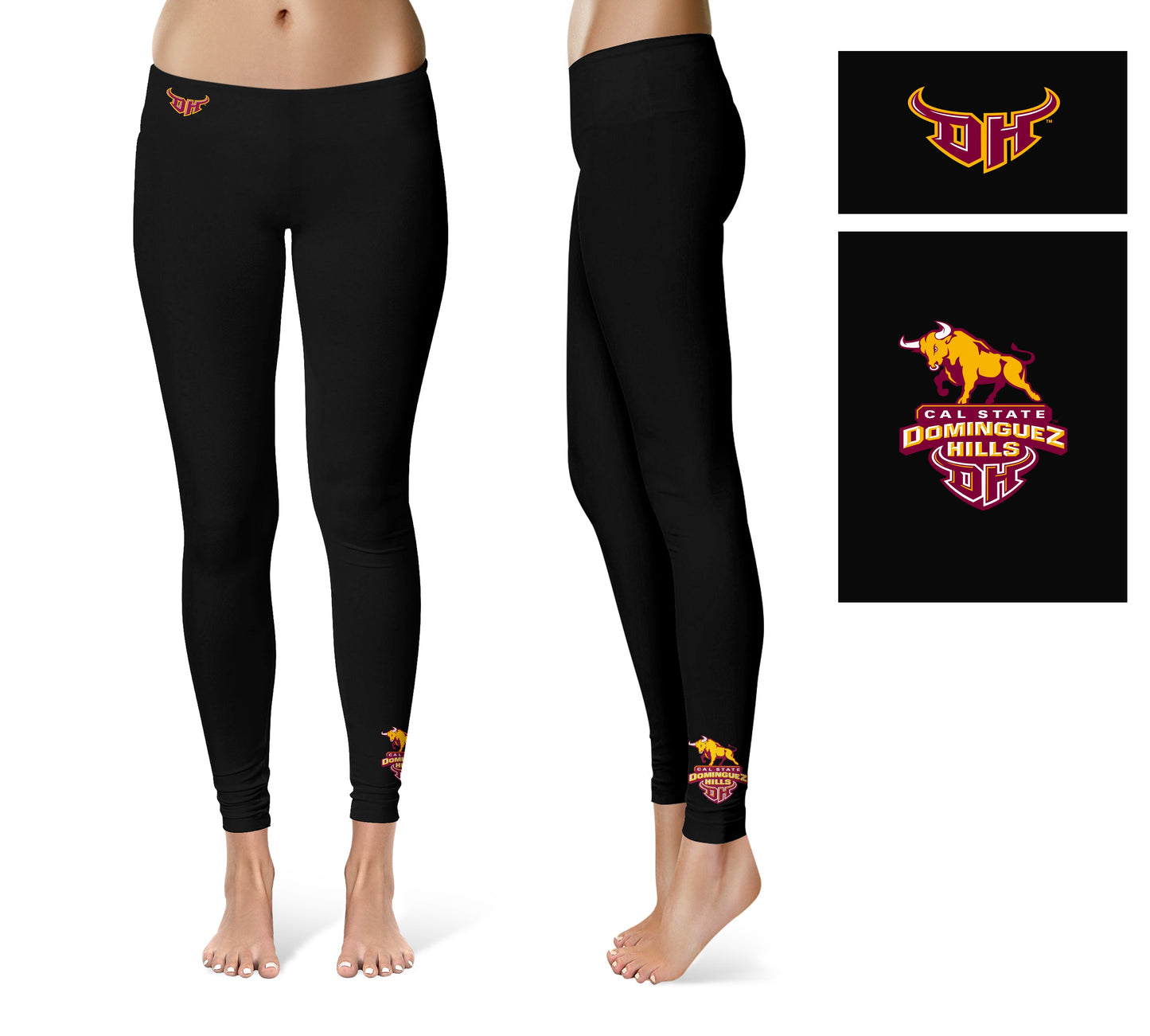 Cal State Dominguez Hills DH Toros Vive La Fete Collegiate Logo at Ankle Women Black Yoga Leggings 2.5 Waist Tights