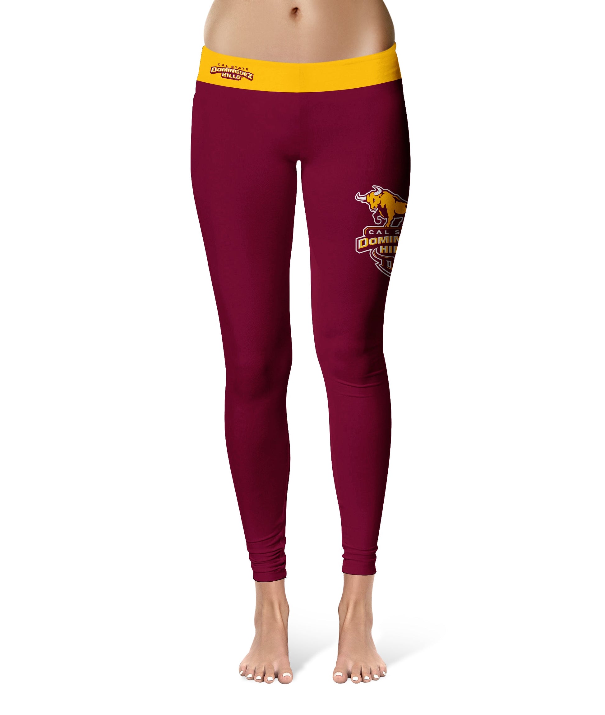 Cal State Dominguez Hills DH Toros Vive La Fete Collegiate Logo on Thigh Maroon Women Yoga Leggings 2.5 Waist Tights