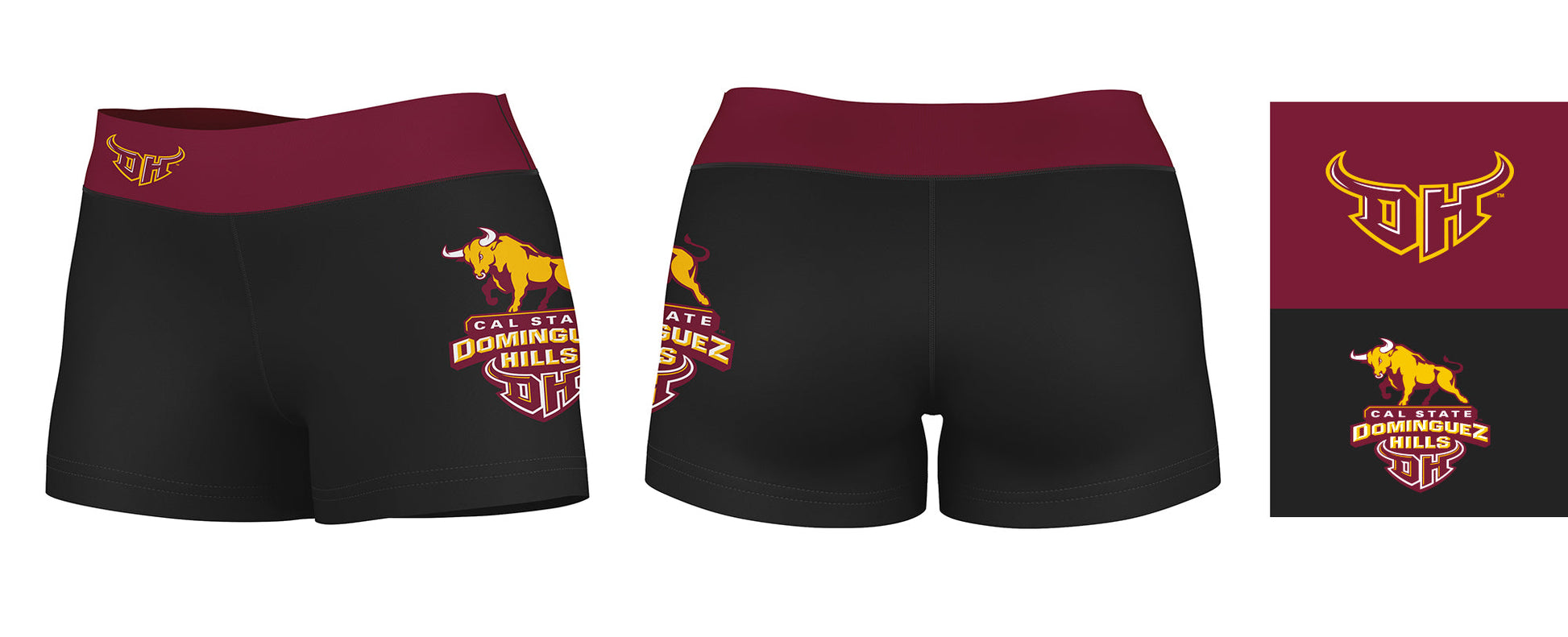 CSUDH Toros Vive La Fete Game Day Logo on Thigh & Waistband Black & Maroon Women Yoga Booty Workout Shorts 3.75 Inseam - Vive La F̻te - Online Apparel Store