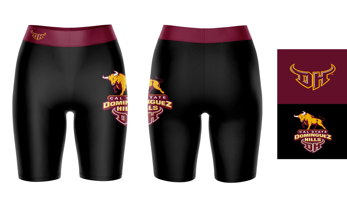 Cal State Dominguez Hills DH Toros CSUDH Vive La Fete Logo on Thigh & Waistband Black & Maroon Women Bike Short 9 Inseam