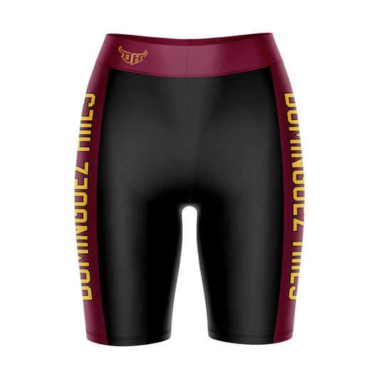 Cal State Dominguez Hills DH Toros CSUDH Vive La Fete Logo on Waistband & Maroon Stripes Black Women Bike Short 9 Inseam