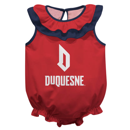 Duquesne Dukes Red Sleeveless Ruffle One Piece Jumpsuit Logo Bodysuit by Vive La Fete