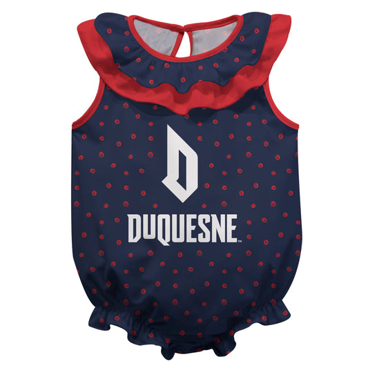 Duquesne Dukes Swirls Blue Sleeveless Ruffle One Piece Jumpsuit Logo Bodysuit by Vive La Fete