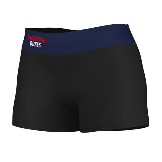 Duquesne Dukes Vive La Fete Game Day Logo on Thigh & Waistband Black & Blue Women Yoga Booty Workout Shorts 3.75 Inseam"