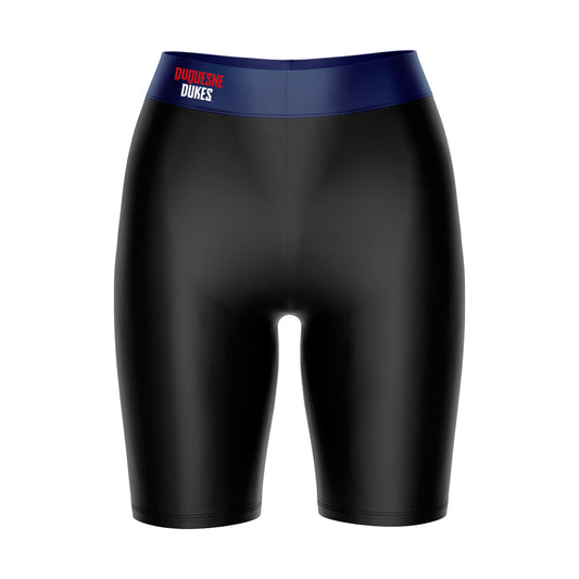 Duquesne Dukes Vive La Fete Game Day Logo on Thigh and Waistband Black and Blue Women Bike Short 9 Inseam"