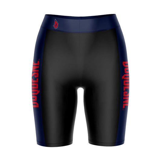 Duquesne Dukes Vive La Fete Game Day Logo on Waistband and Blue Stripes Black Women Bike Short 9 Inseam