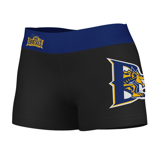 Drexel Dragon Vive La Fete Game Day Logo on Thigh & Waistband Black & Blue Women Yoga Booty Workout Shorts 3.75 Inseam"