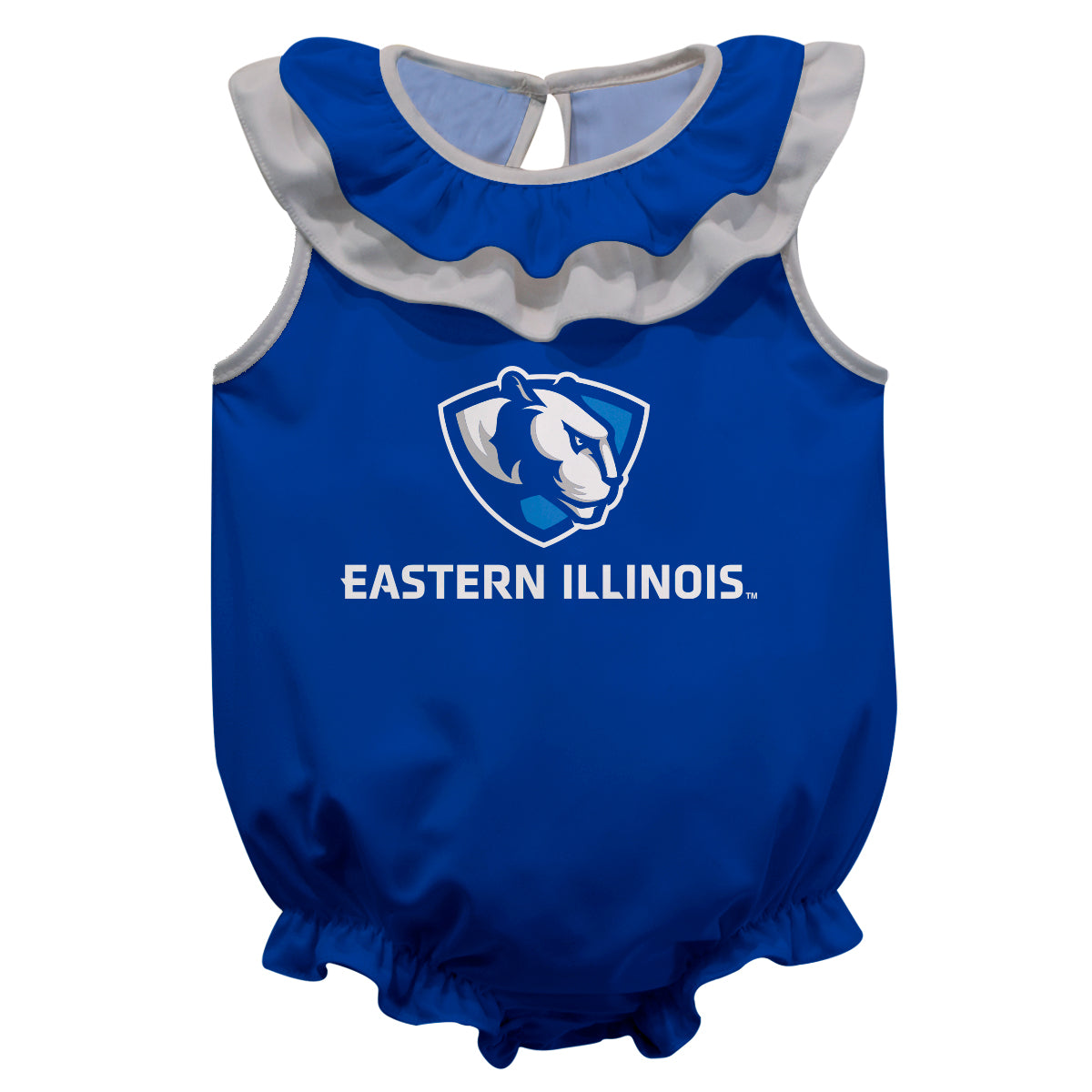 Eastern Illinois University Panthers EIU Blue Sleeveless Ruffle One Piece Jumpsuit Logo Bodysuit by Vive La Fete