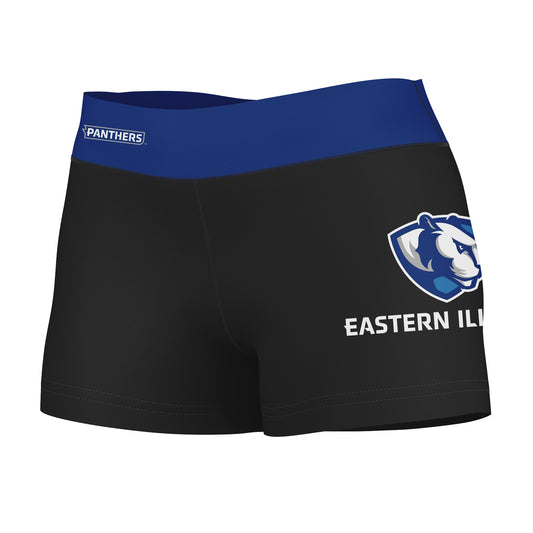 Eastern Illinois Panthers EIU Logo on Thigh & Waistband Black & Blue Women Yoga Booty Workout Shorts 3.75 Inseam